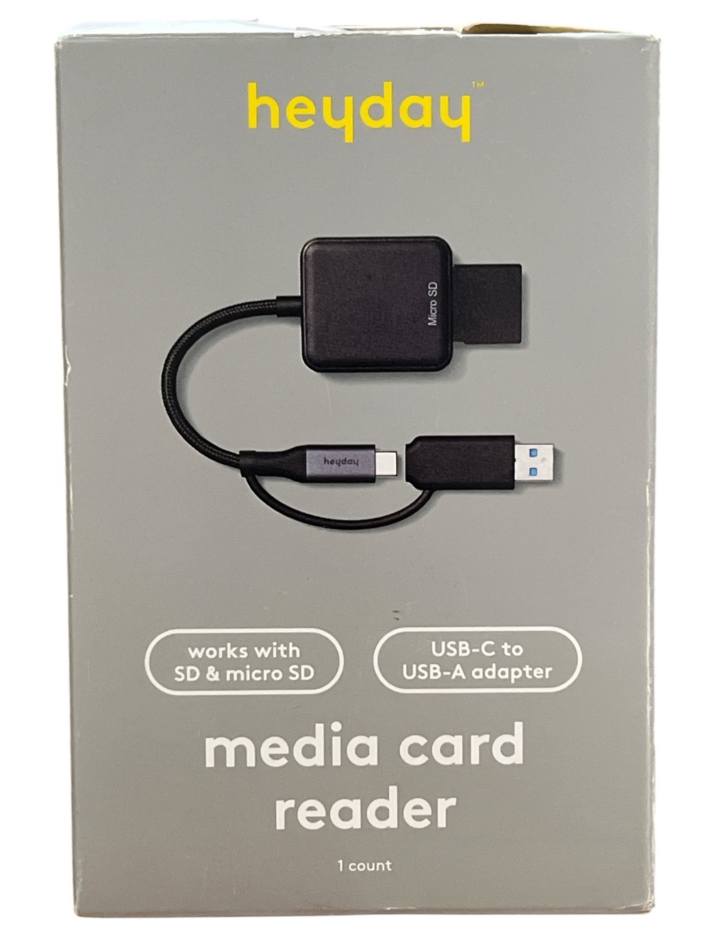 Heyday Media Card Reader Black, SD and Micro SD, USB-C with USB-A Adapter, NIB